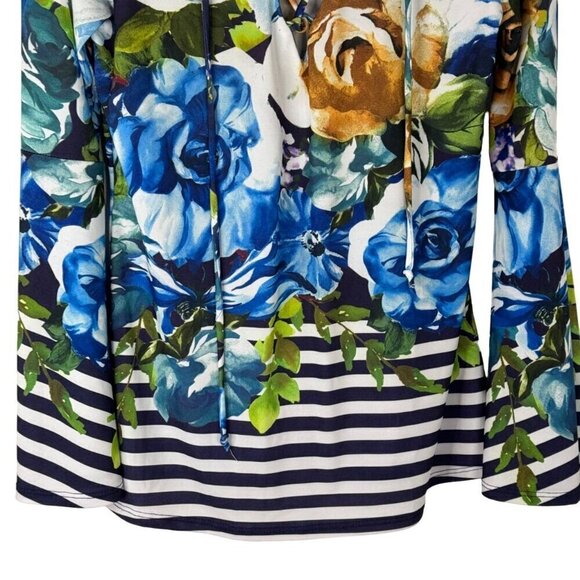 Boston Proper Floral Striped Blouse Long Bell Sleeve Stretchy Lace Up V Neck XXS - Picture 2 of 10